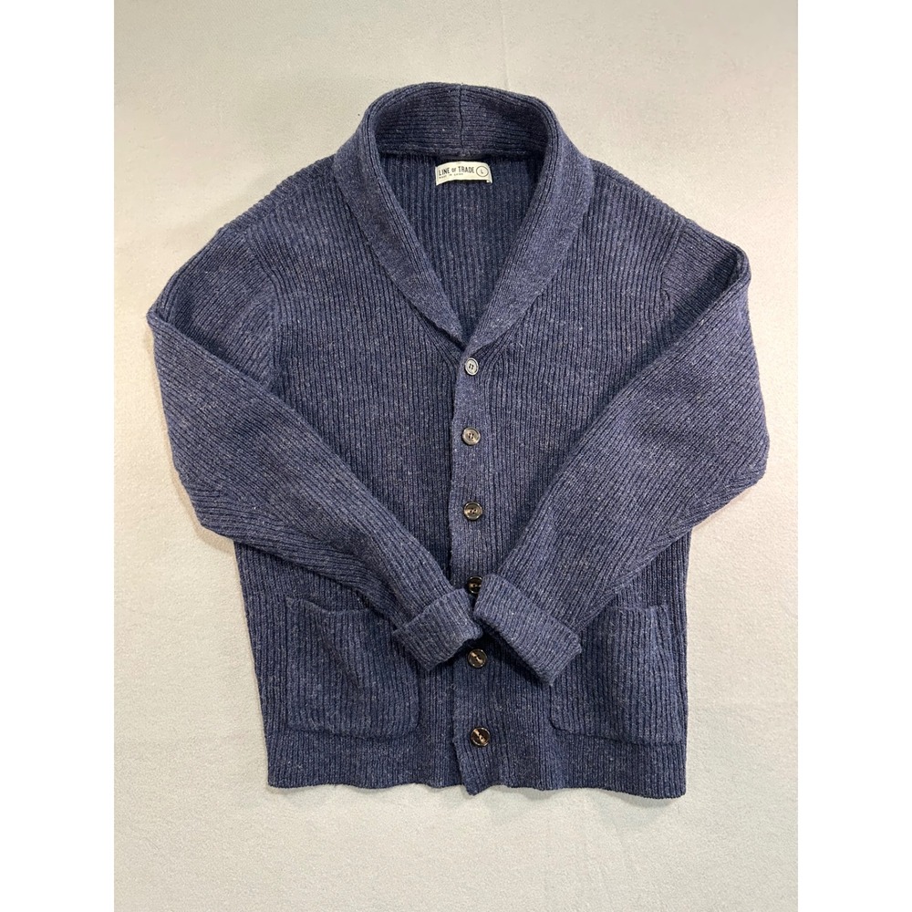Line of Trade Cardigan Mens L Navy 100% Shetland Wool Ribbed Preppy Sweater